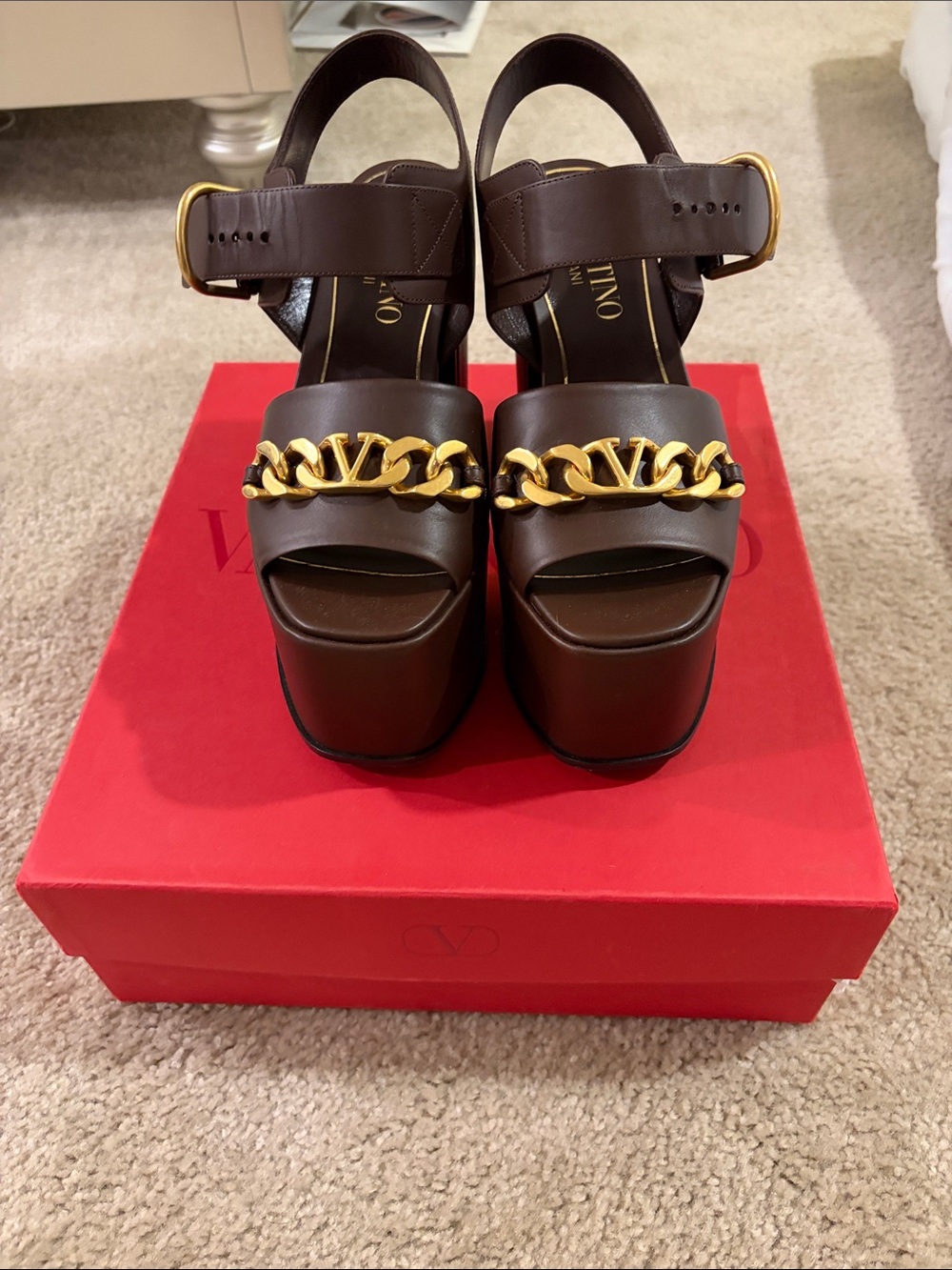 Valentino Brown Leather Platform Sandals with Gold Chain Accent
